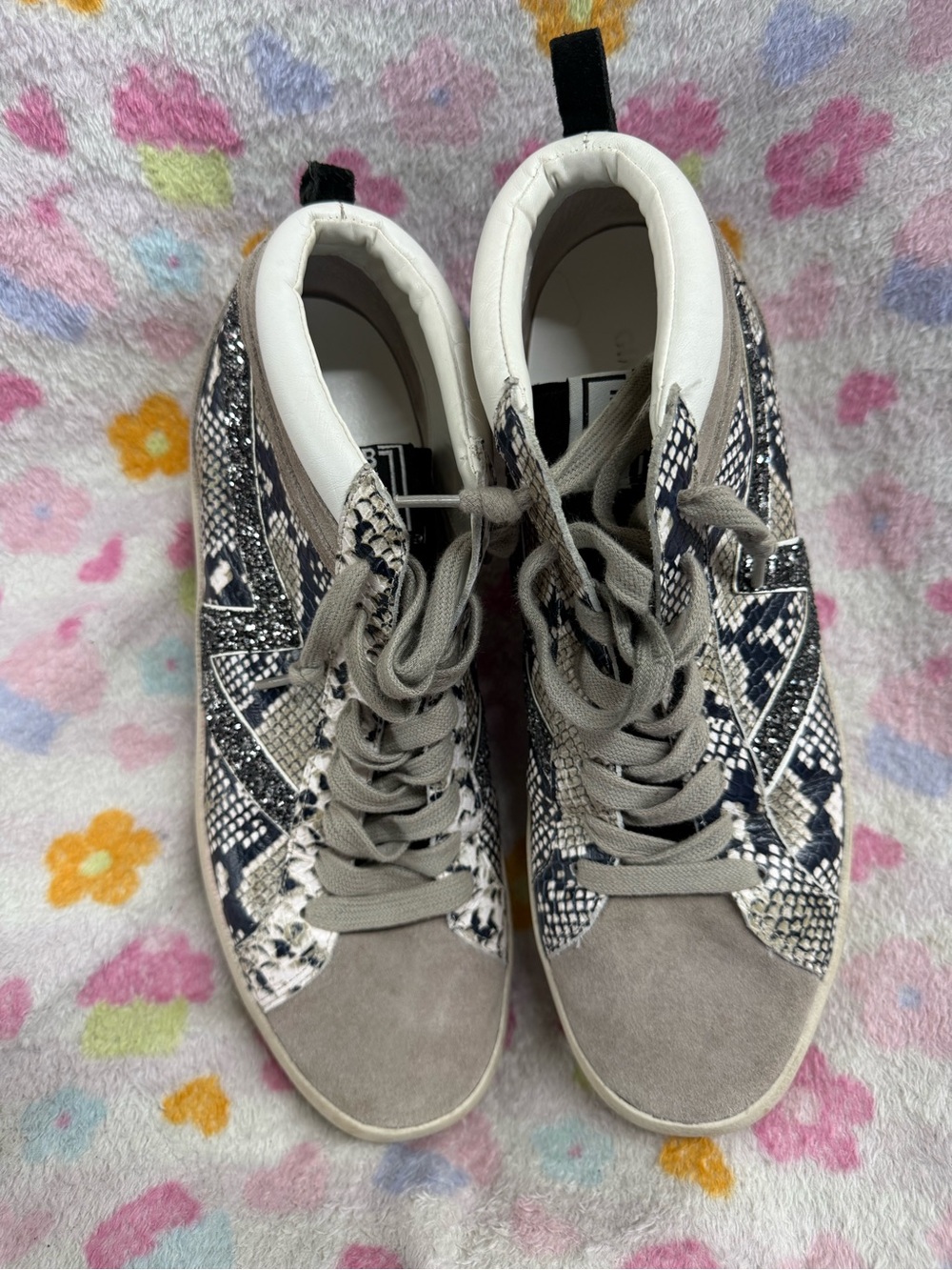 Gianni Bini Snake Print High Top Sneakers in Black, White & Gray